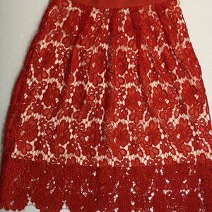 Maison Jules Size 12 Elegant Red Floral Lace A-Line Skirt with Scalloped Hem